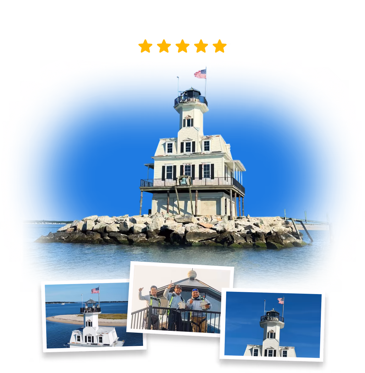 Restoration of the historic Bug Lighthouse on Long Island by Palencia’s Painting & Window Cleaning — showcasing expert exterior painting and preservation work